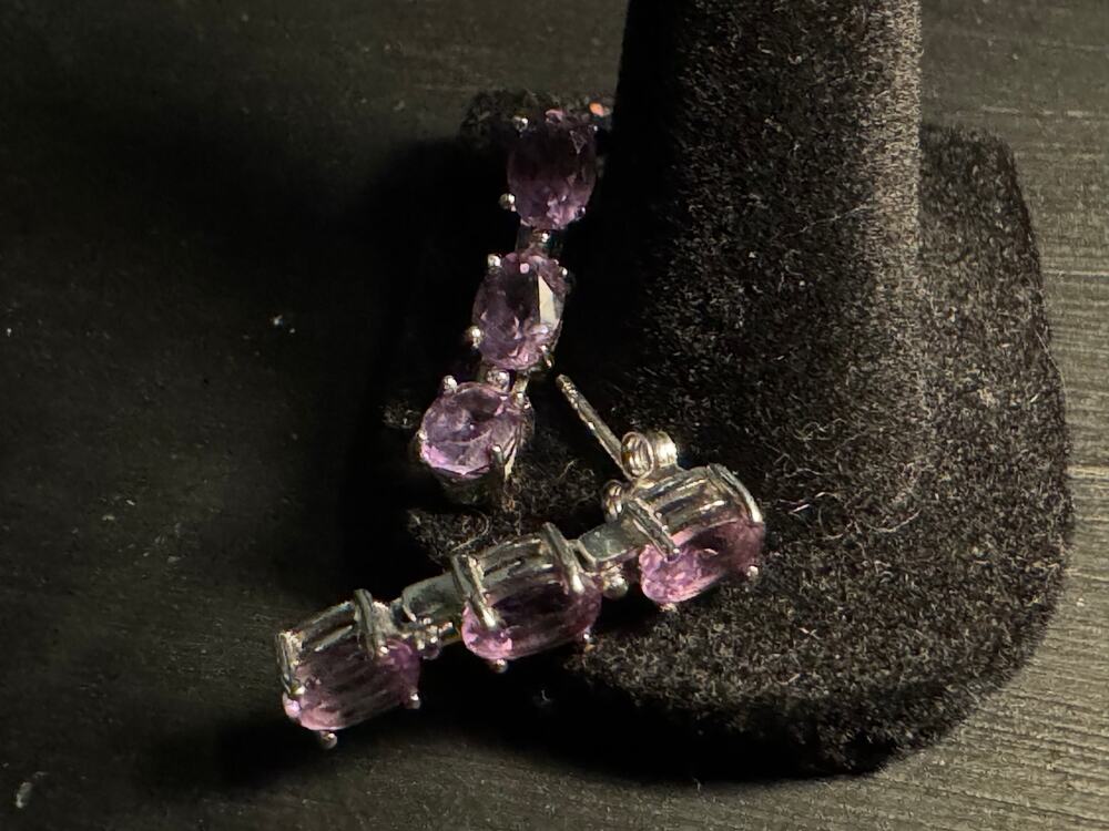 Vintage 925 Sterling GM 3 Amethyst Gemstones Post Earrings
